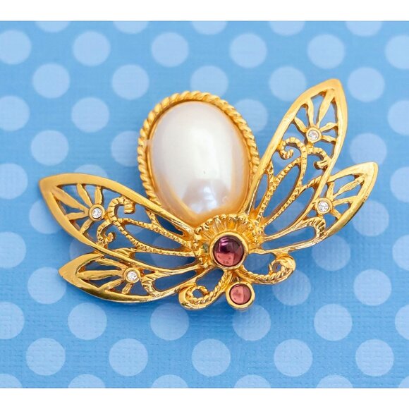 Vintage Art Nouveau Firefly Pearl and Gold Tone Brooch by Avon - M3 - Picture 2 of 3